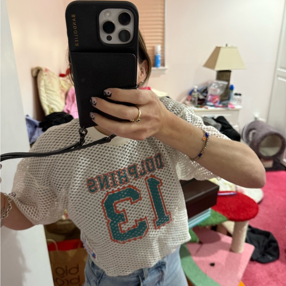 Vintage White Mesh Top with Teal and Orange Print cropped Dolphins jersey